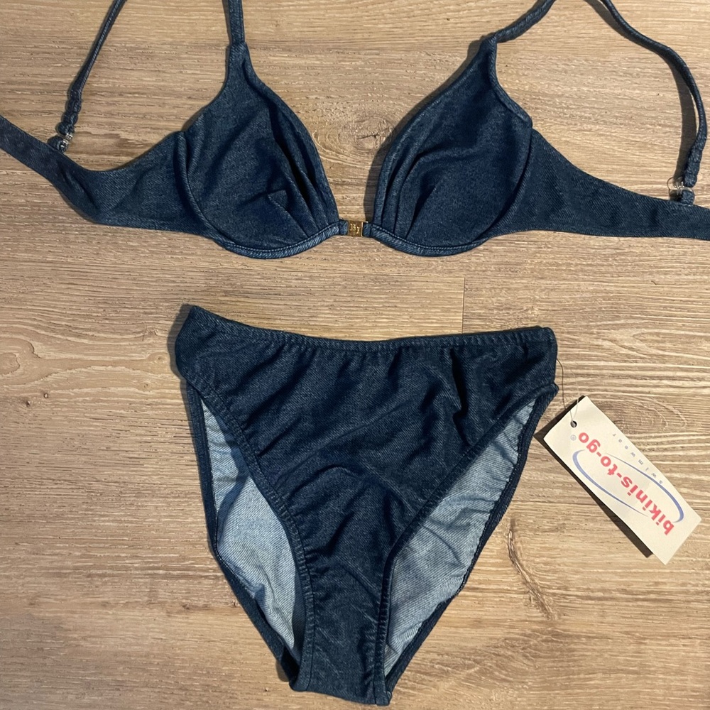 Vintage DENIM Blue stretch Bikini Set high leg